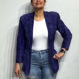 Evan Davies Blue Suede Leather One Button Vintage Blazer Sz 6